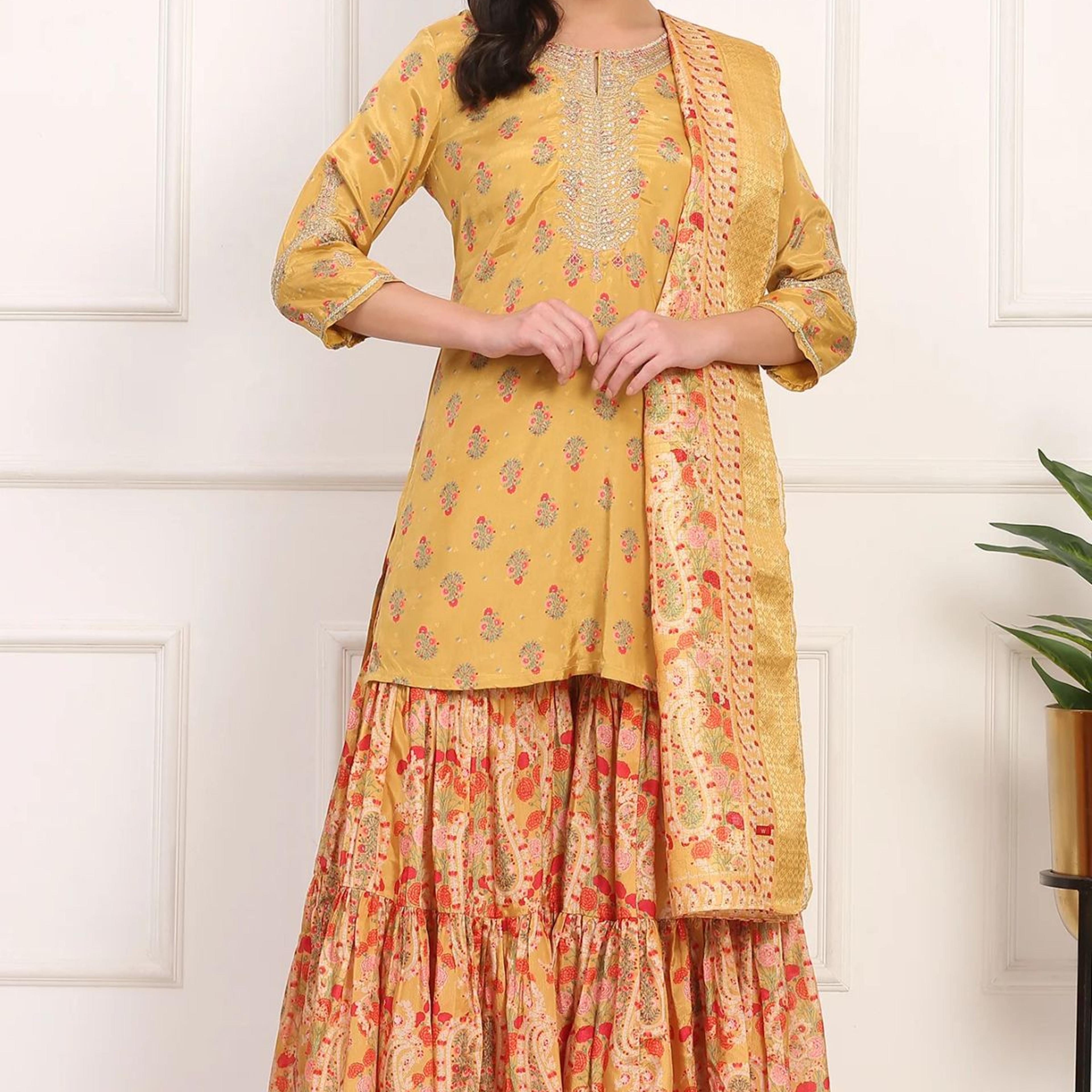 Yellow Embroidered Straight Shantung Kurta with Sharara and Dupatta Set