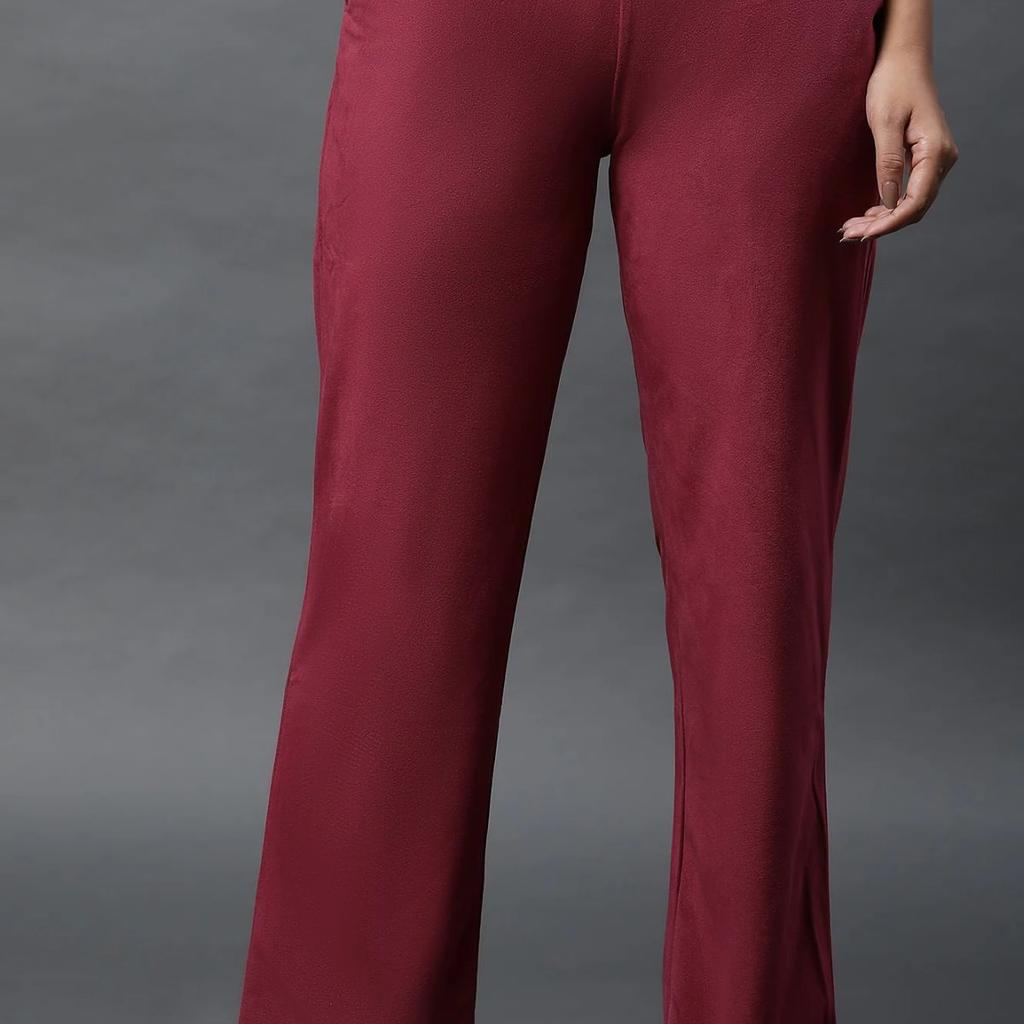 Maroon Solid Straight Fit Velvet Pants With Elasticated Waist