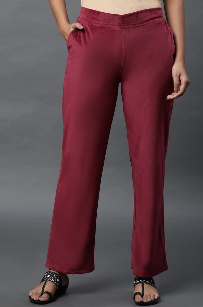Maroon Solid Straight Fit Velvet Pants With Elasticated Waist