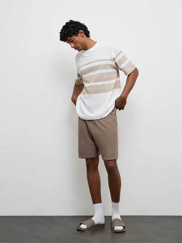 WES Lounge Beige Striped Relaxed-Fit Cotton T-Shirt — photo 2
