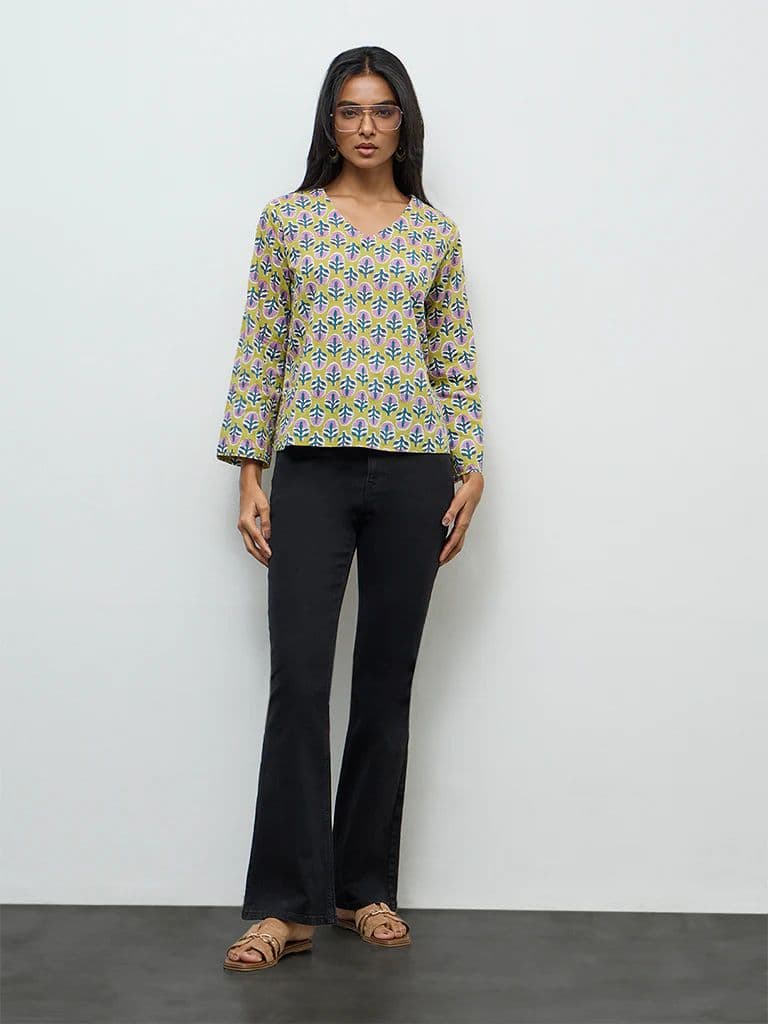 Utsa Lime Floral Printed Cotton Tunic — photo 2