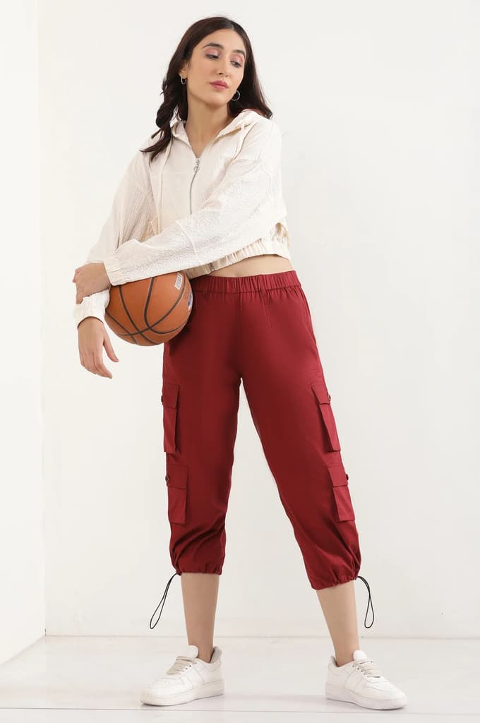 Red Solid Straight Fit Cotton Pants With Drawstring