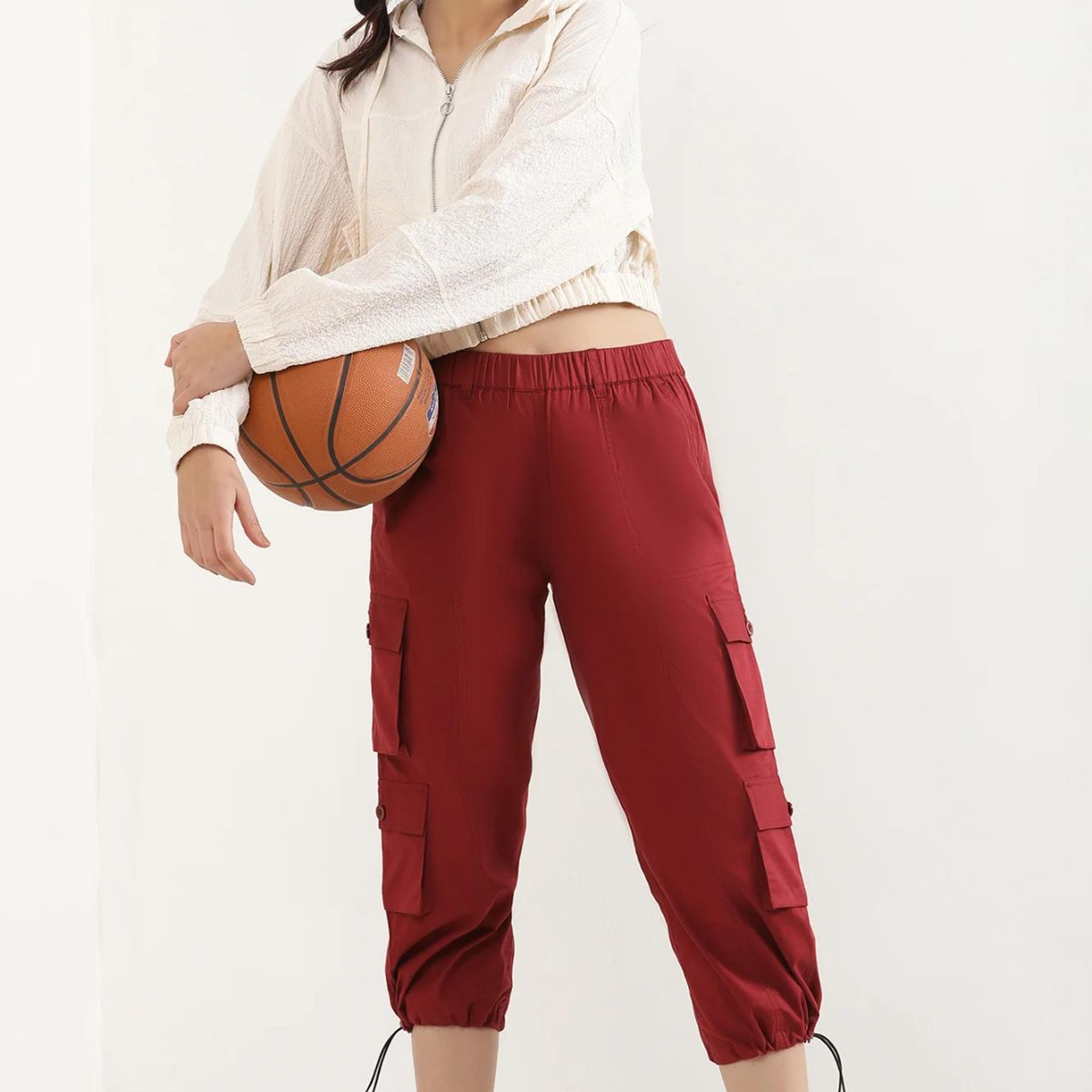 Red Solid Straight Fit Cotton Pants With Drawstring
