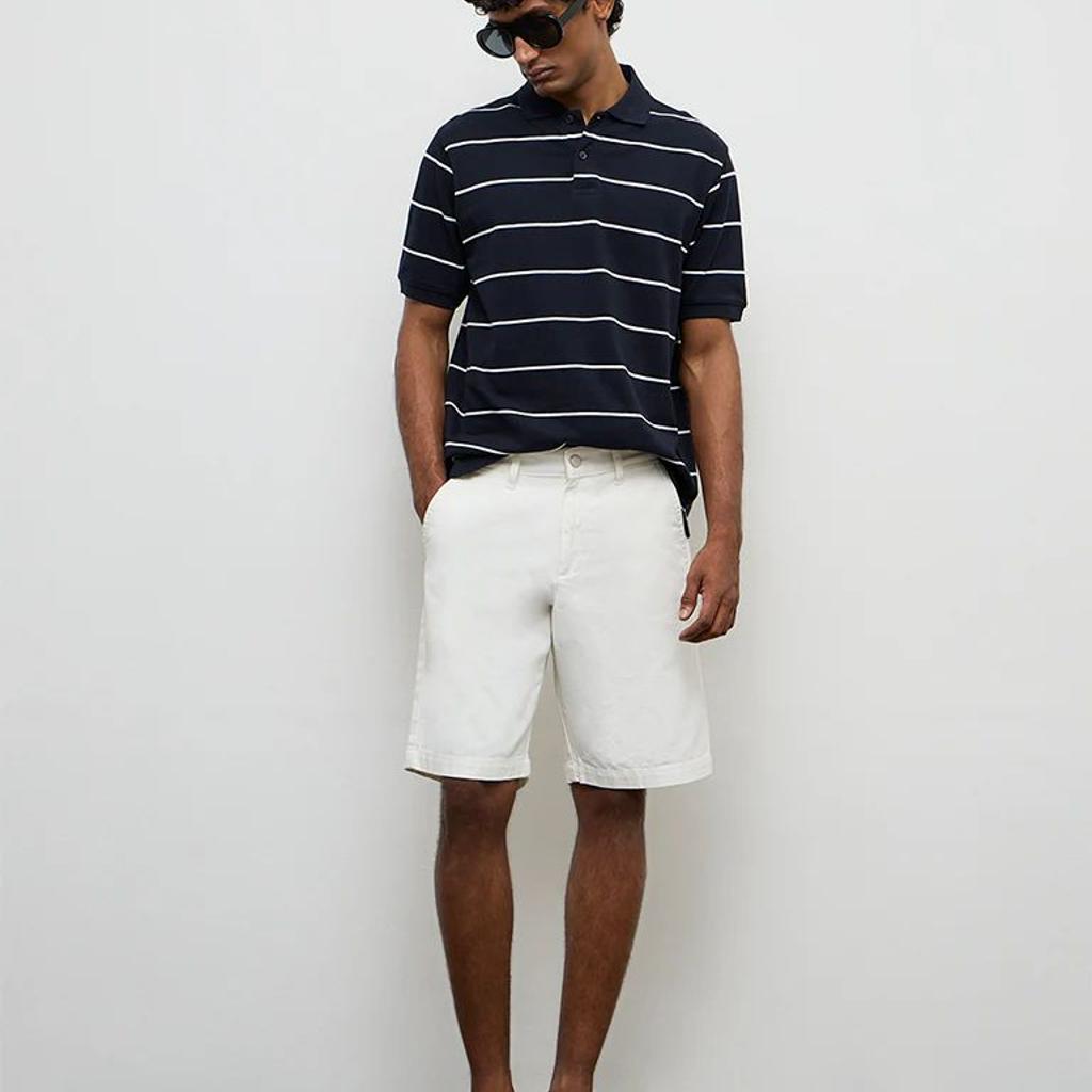 WES Casuals Navy Striped Relaxed-Fit Cotton Polo T-Shirt