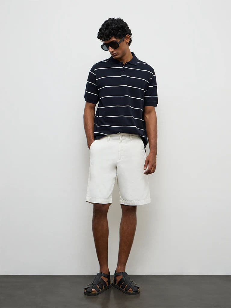 WES Casuals Navy Striped Relaxed-Fit Cotton Polo T-Shirt
