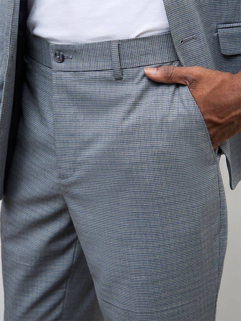 WES Formals Grey Checkered Relaxed-Fit Mid-Rise Trousers — photo 3