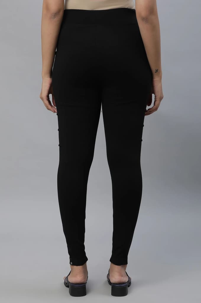Black Solid Skinny Fit Tights With Elasticated Waist And Side Pockets — photo 3