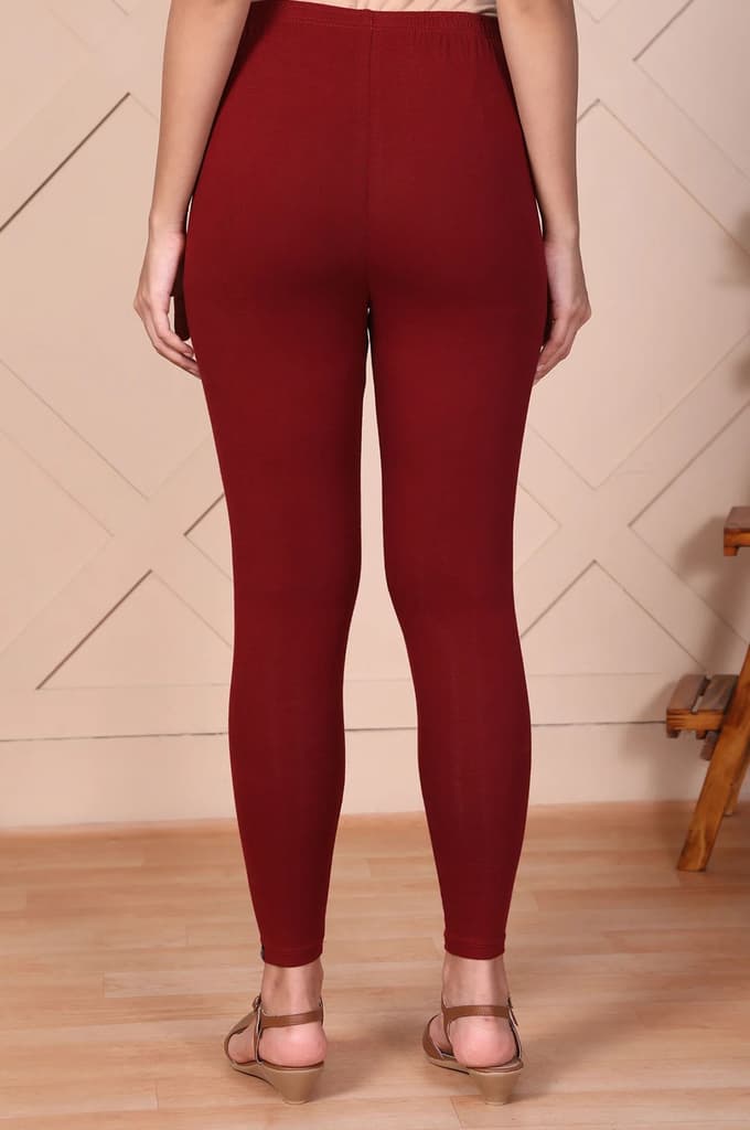 Elleven Women's Maroon Solid Ankle-Length Cotton Leggings — photo 4