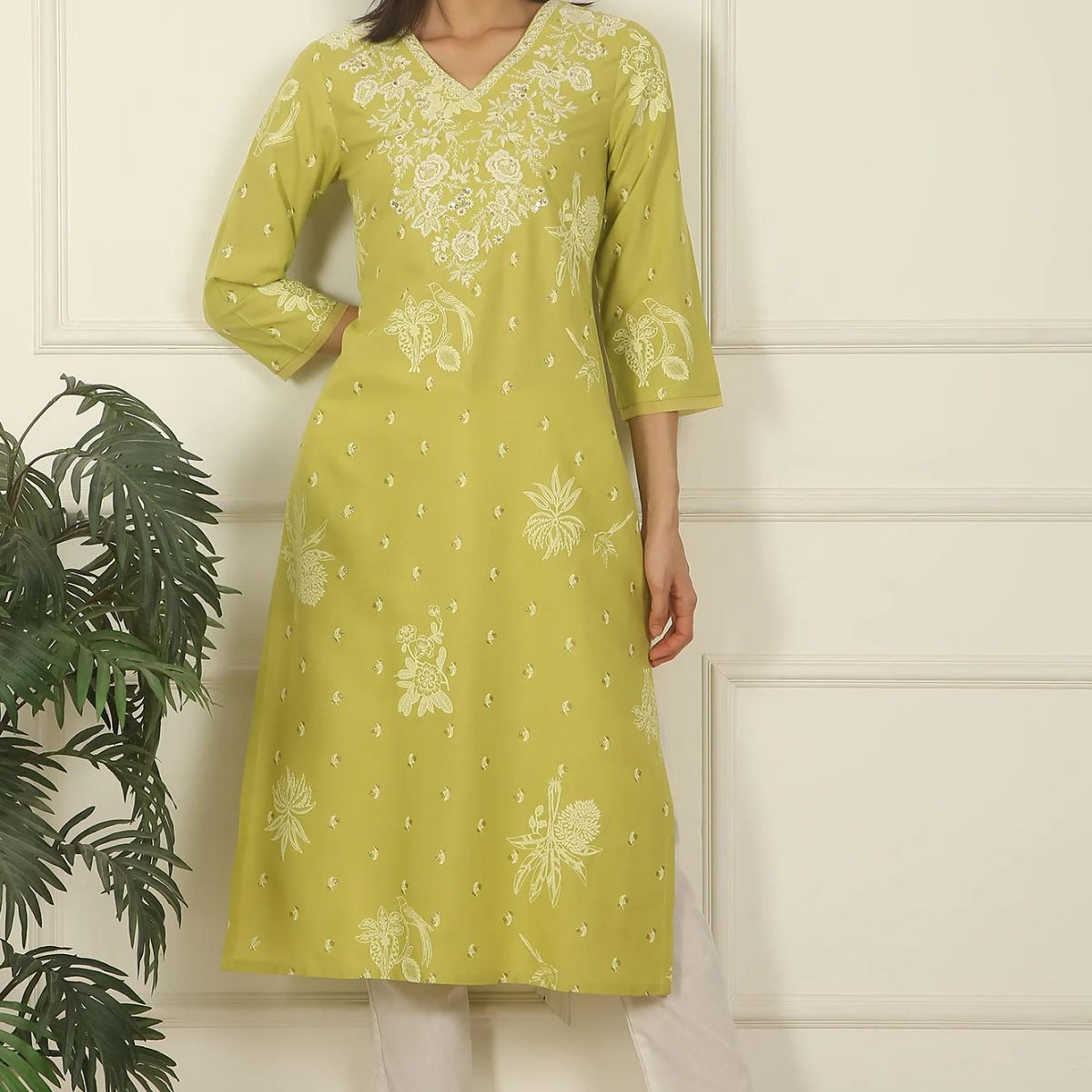 Green Floral Printed Rayon Straight Kurta with Embroidered Yoke
