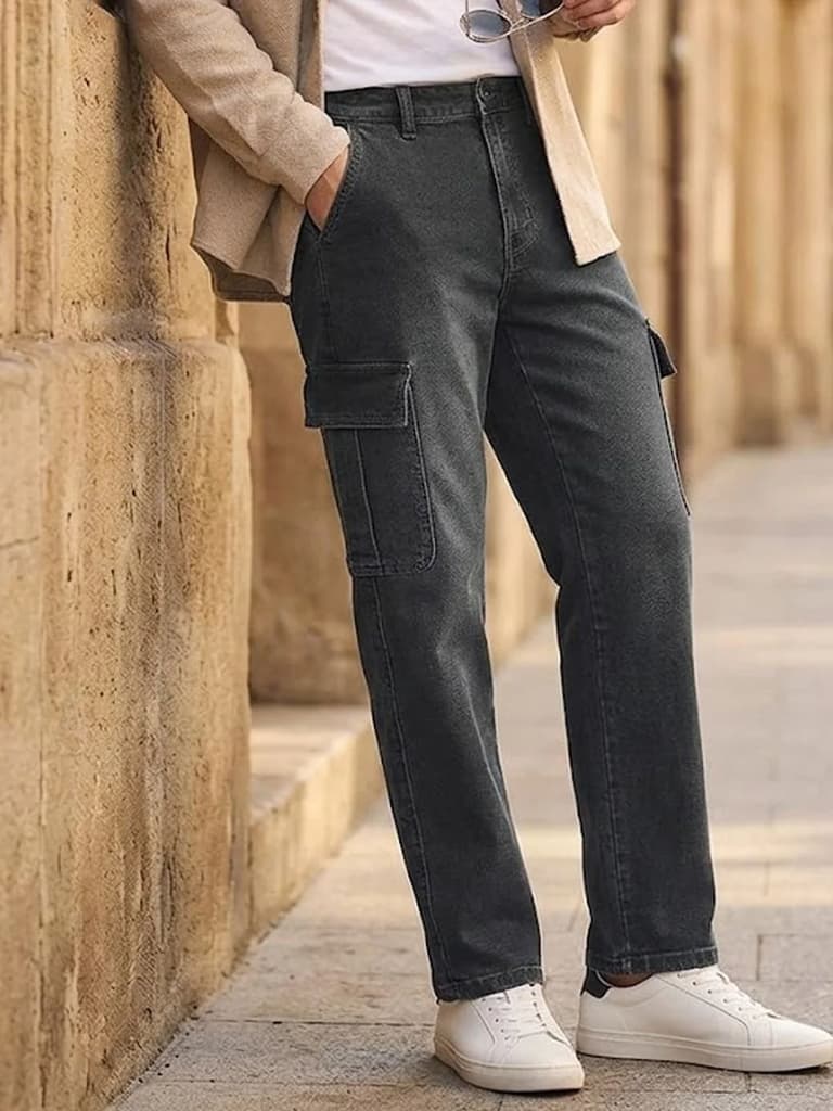 Men's Grey Regular Fit Washed Cargo Jeans With 6 Pockets Stretchable — 28 / Grey