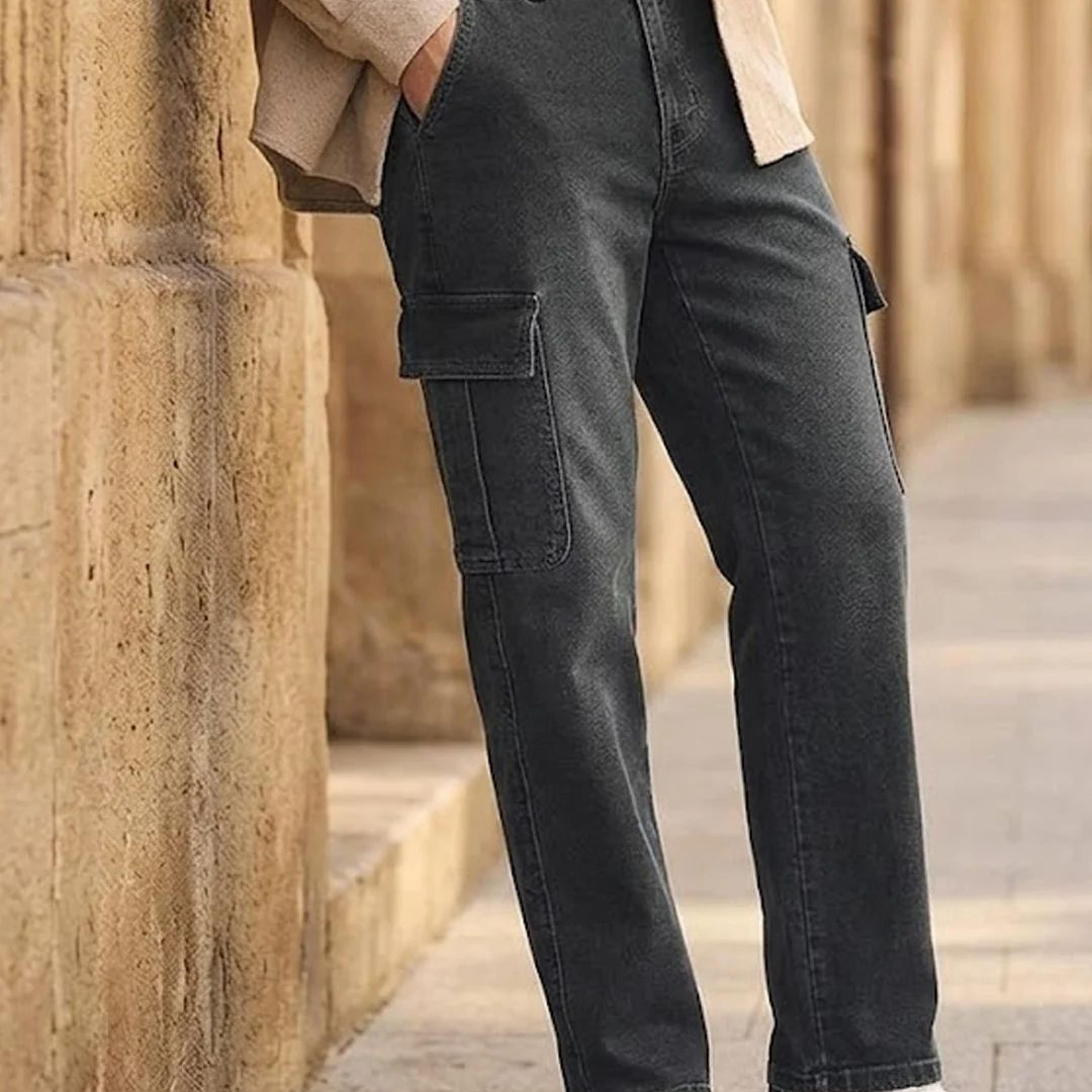 Men's Grey Regular Fit Washed Cargo Jeans With 6 Pockets Stretchable