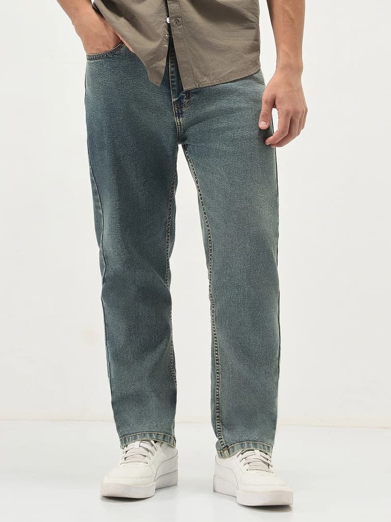 Men's Light Blue Straight Fit Heavy Washed Jeans Stretchable