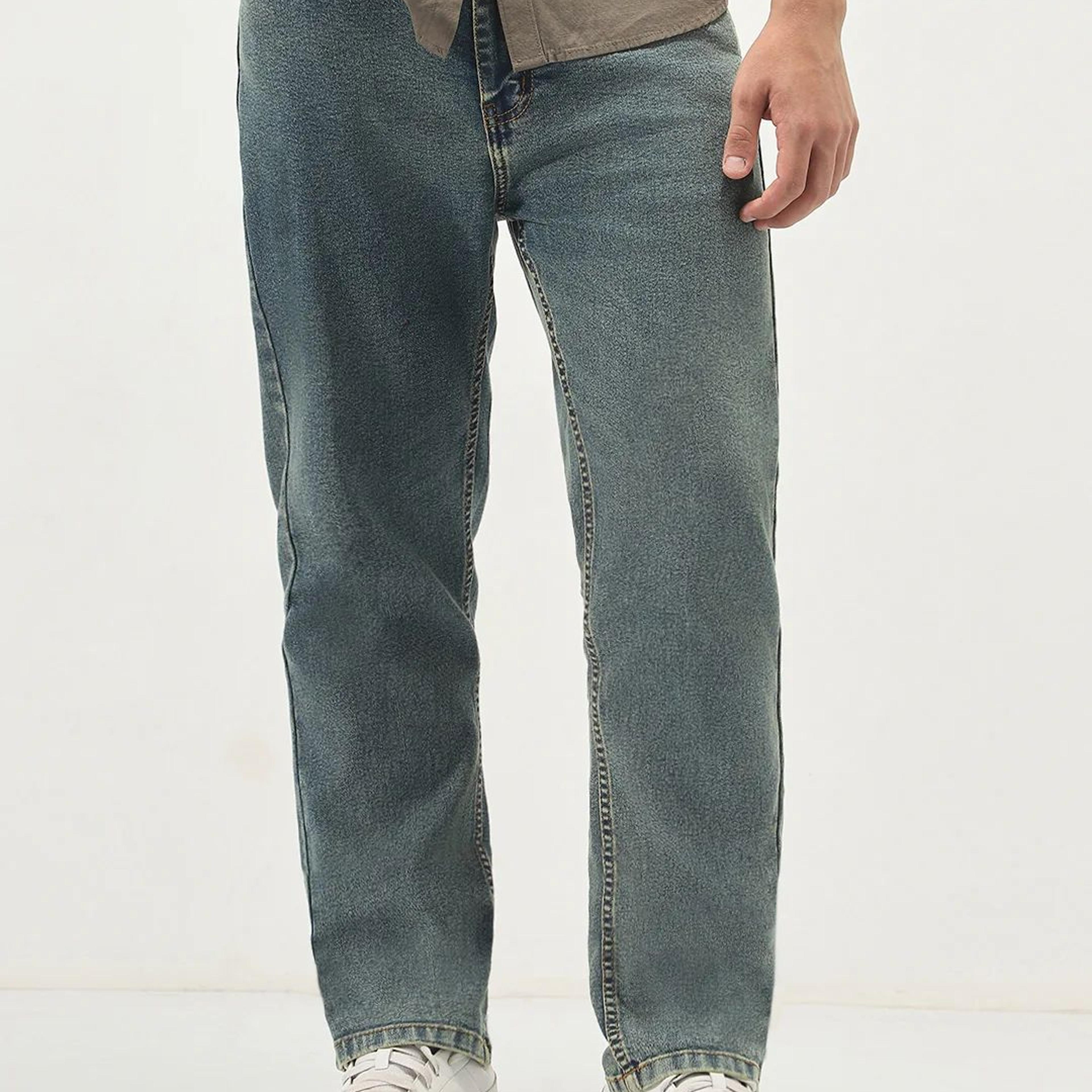 Men's Light Blue Straight Fit Heavy Washed Jeans Stretchable