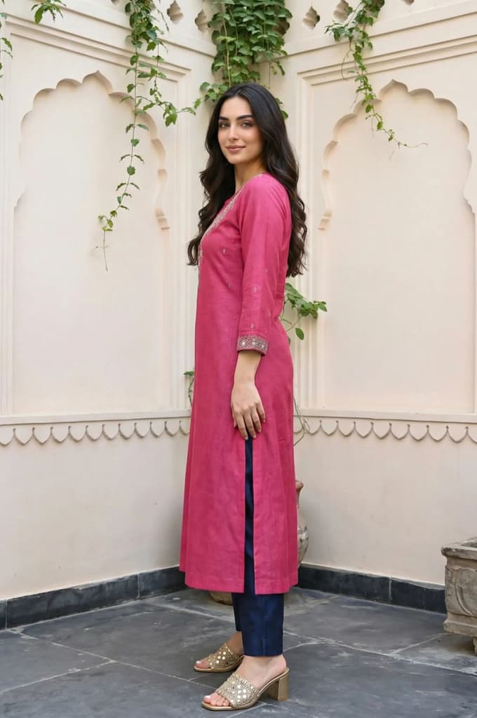 Magenta Mirror Embroidered Tussar Silk Straight Kurta — photo 3