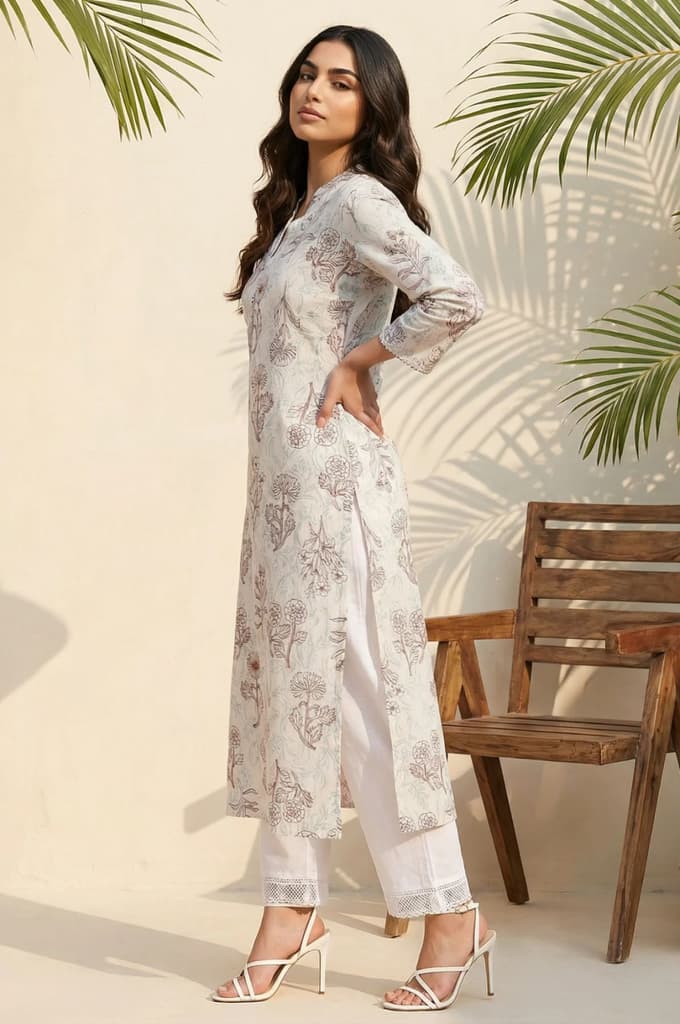Off White Floral Printed Rayon Straight Kurta — photo 3