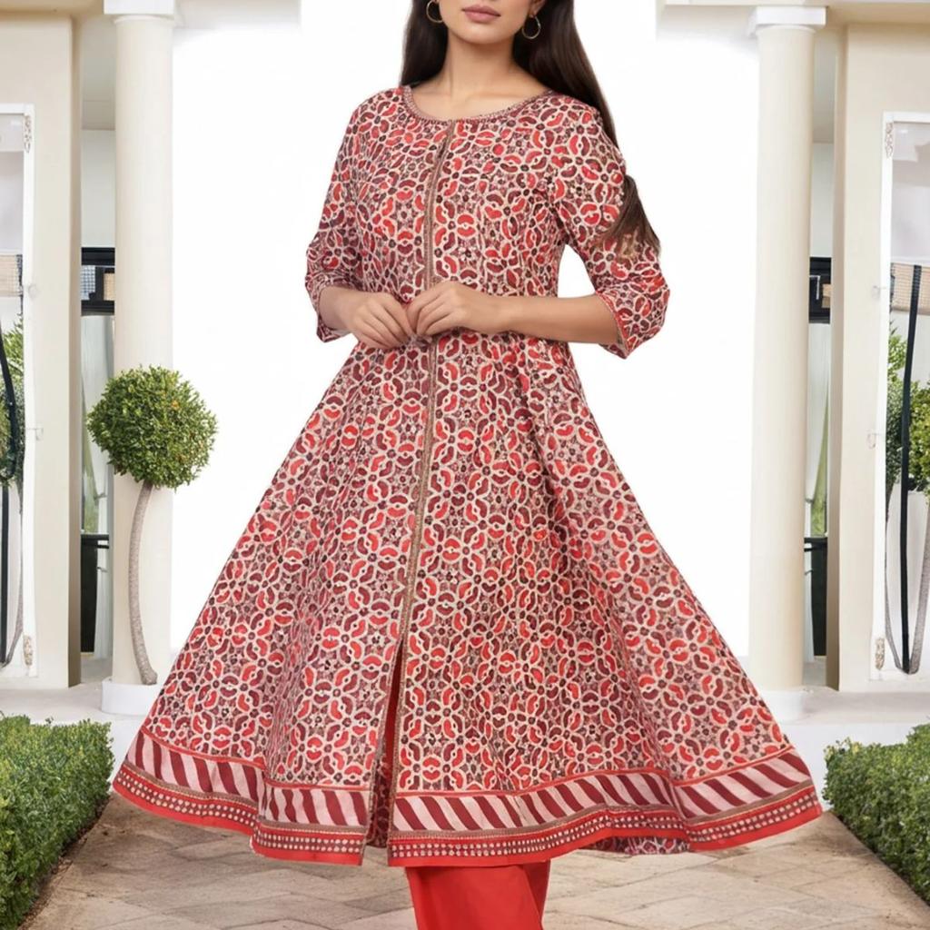 Red Geometric Embroidered Anarkali Cotton Kurta