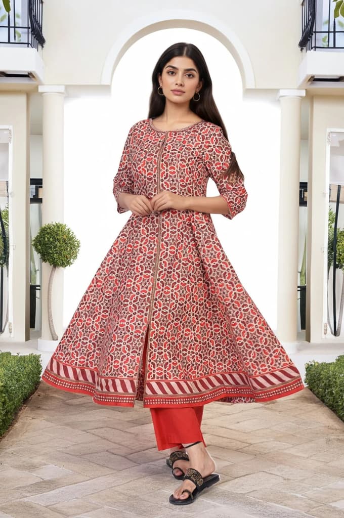 Red Geometric Embroidered Anarkali Cotton Kurta — XS