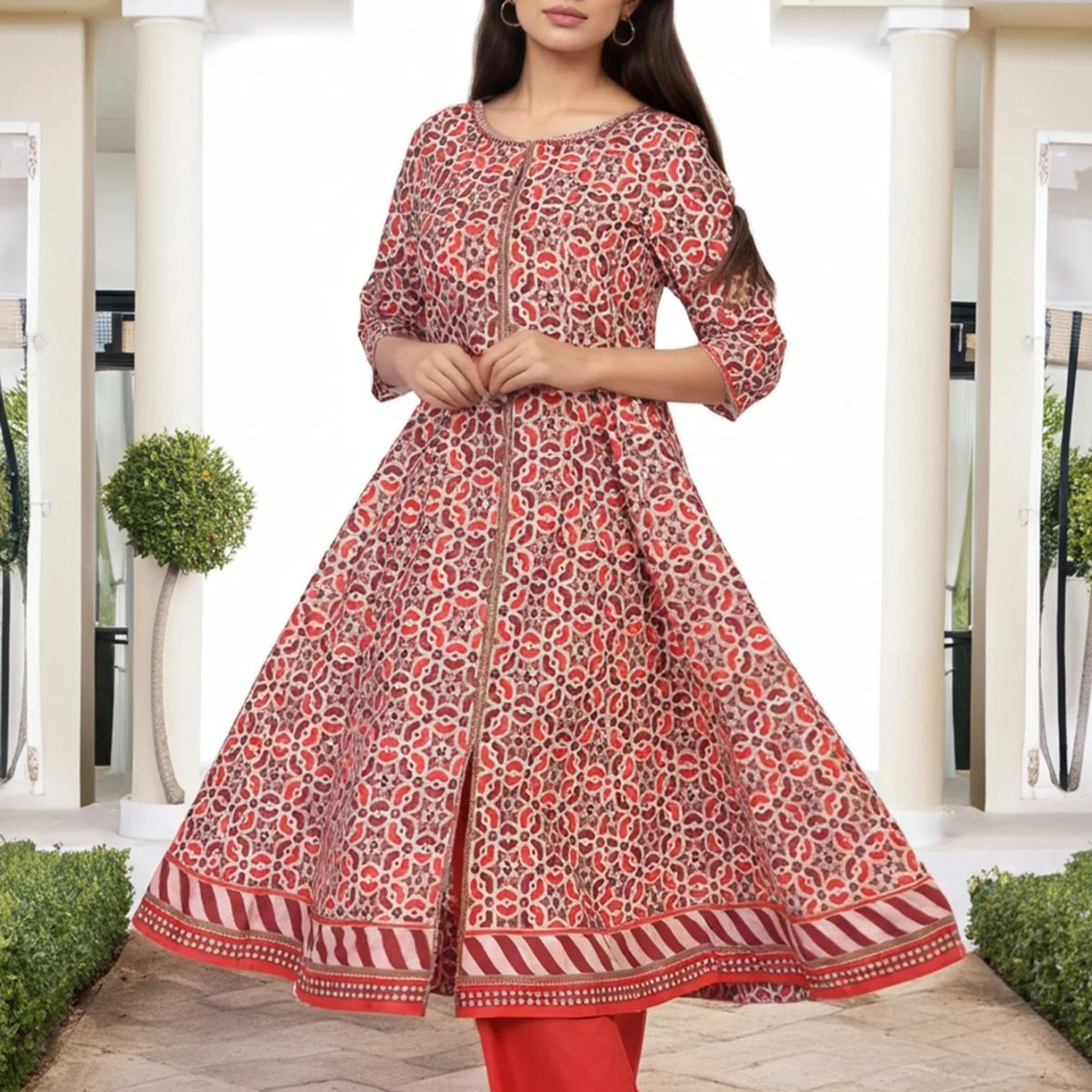 Red Geometric Embroidered Anarkali Cotton Kurta