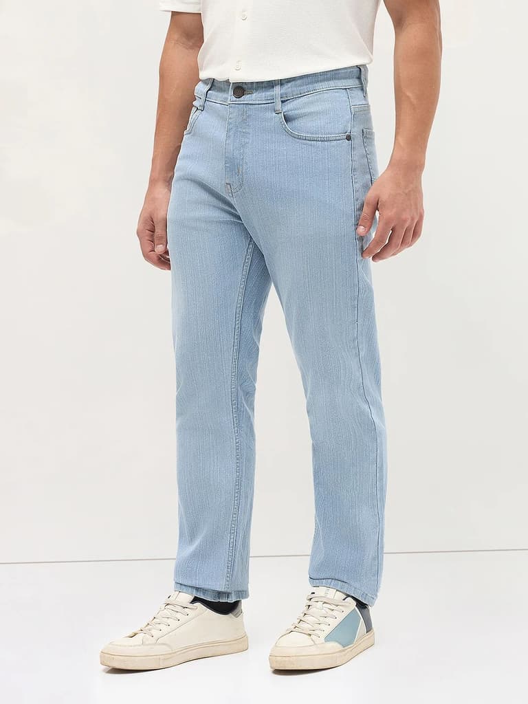 Men's Ice Blue Straight Fit Washed Denim Jeans Stretchable — photo 3