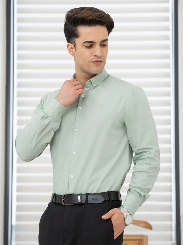 Shirts for Men in Light Green | Solid Full Sleeve Casual Shirt — photo 2