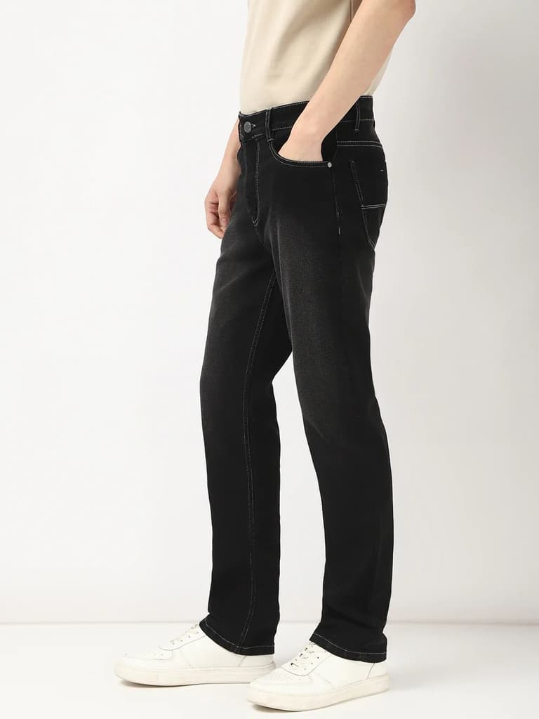 Men's Black Straight Fit Washed Jeans Stretchable — photo 2
