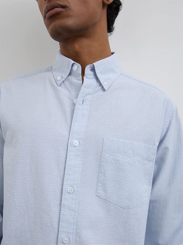 WES Casuals Light Blue Checkered Relaxed-Fit Cotton Shirt — photo 3