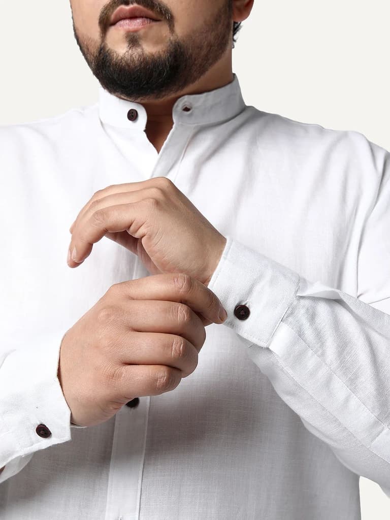 Plus Men's White Linen Blend Full Sleeve Relaxed Fit Mandarin Collar Casual Solid Shirt — photo 6