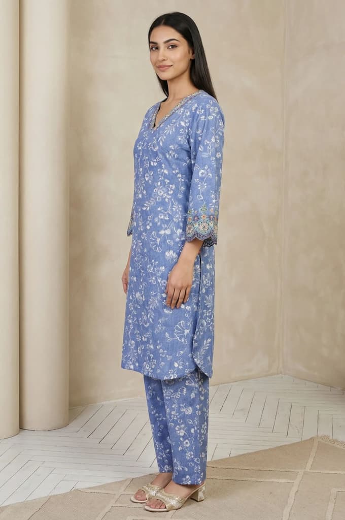 Blue Floral Printed Straight Kurta with Pants Set — photo 3