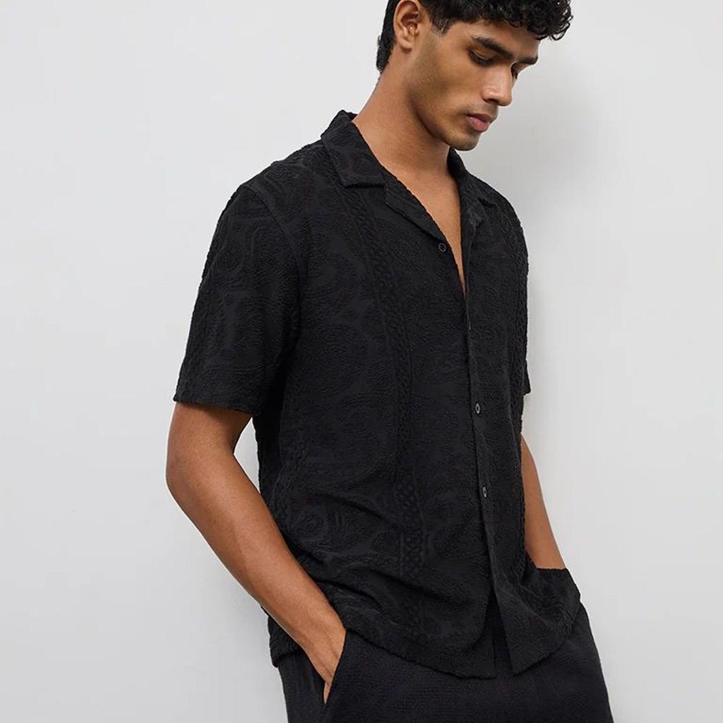 ETA Black Paisley Textured Relaxed-Fit Cotton-Blend Shirt