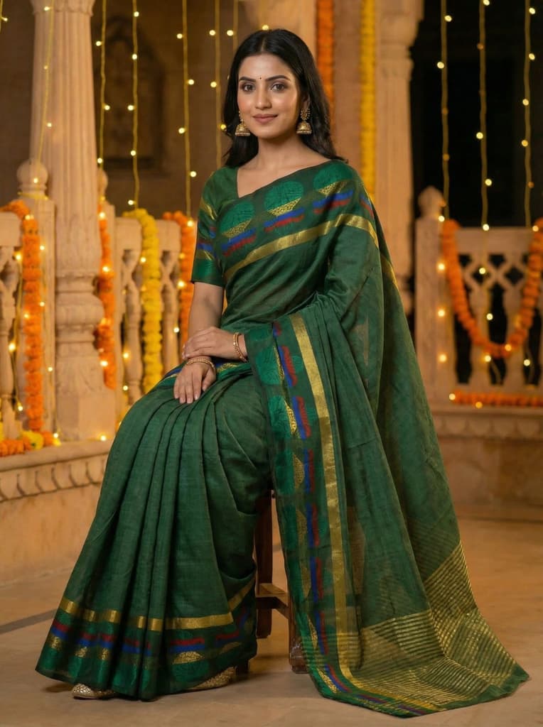 MIMOSA Women's Woven Design Banarasi Style Tussar Silk Saree with Blouse Piece - Green ( SA00003150GRNFREE ) — photo 4