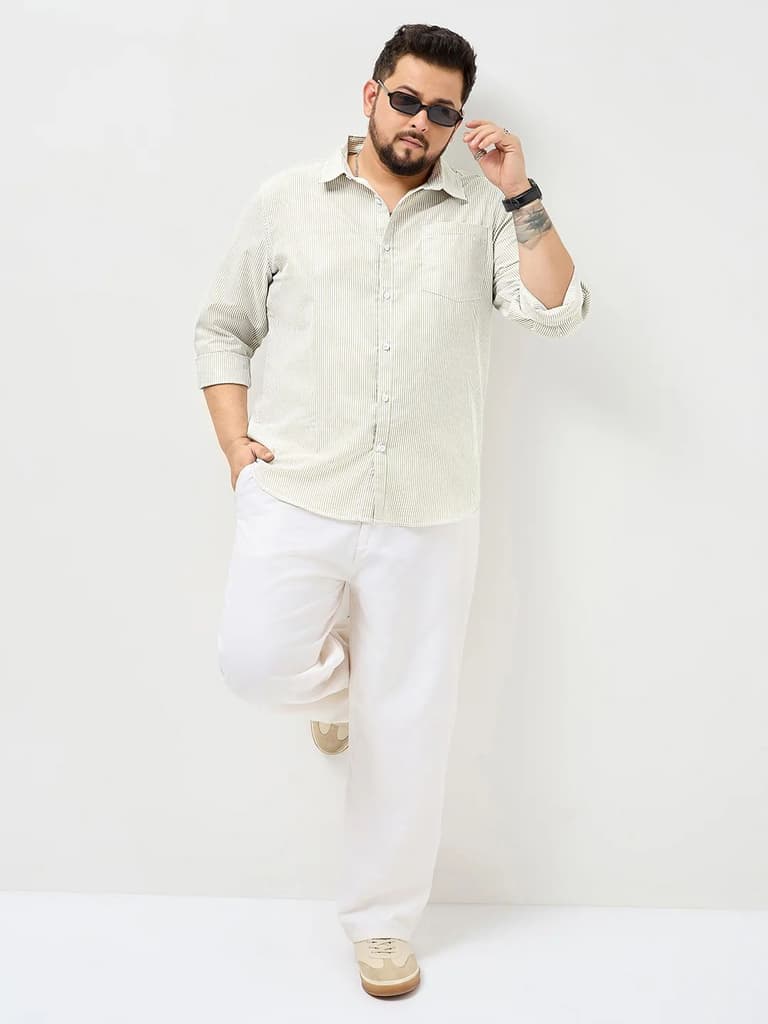 Plus Men's Light Olive Cotton Full Sleeve Regular Fit Casual Striped Shirt — photo 5