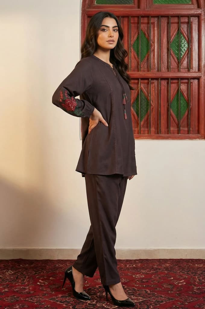 Brown Thread Embroidered Straight Winter Kurta with Pants Co-ord Set — photo 5