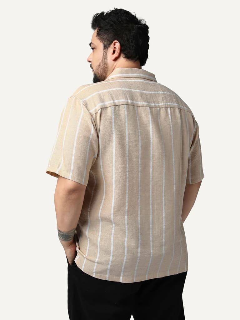 Plus Men's Beige Cotton Half Sleeve Relaxed Fit Linen Striped Shirt with Cuban Collar — photo 3