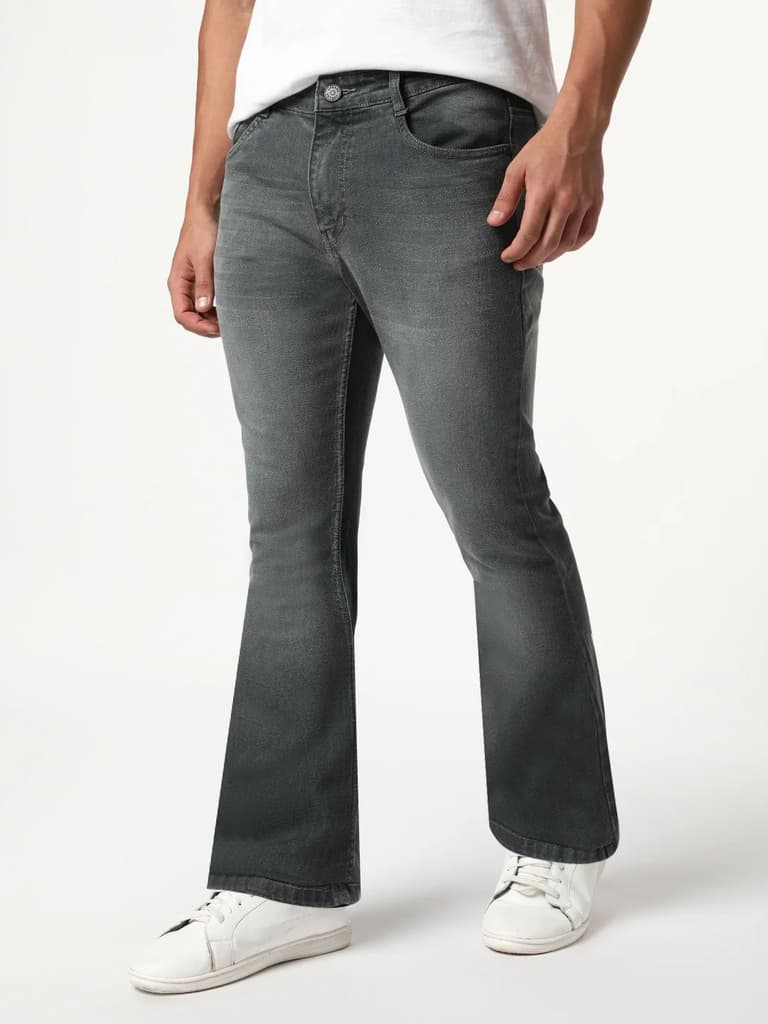 Men's Grey Bootcut Fit Mid Rise Heavy Washed Jeans Stretchable — photo 3