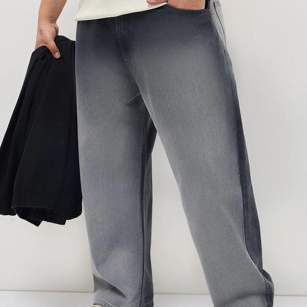 Plus Men's Dark Grey Loose Baggy Fit Heavy Washed Faded Denim Jeans Non-Stretchable