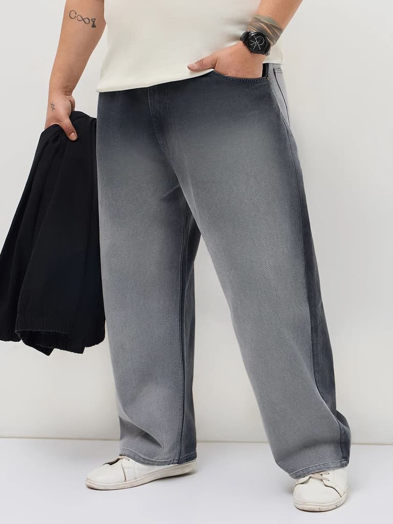 Plus Men's Dark Grey Loose Baggy Fit Heavy Washed Faded Denim Jeans Non-Stretchable — 36 / Dark Grey