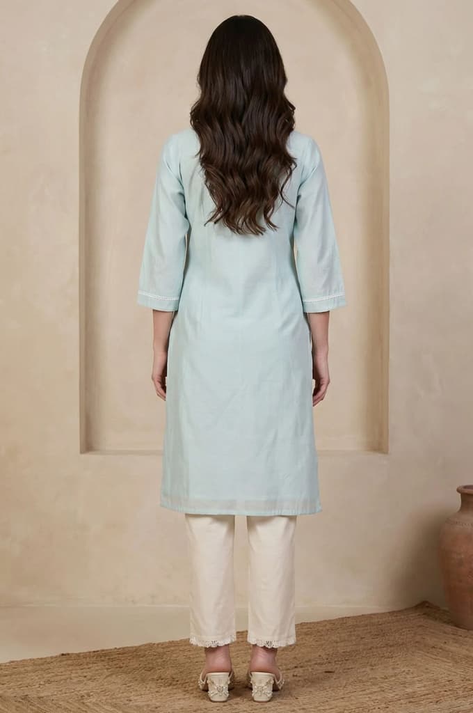 Blue Yarn Dyed Chikankari Embroidered Straight Kurta — photo 5