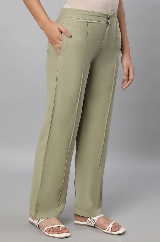 Muted Sage Green Solid Straight Fit Woven Pants With Pintuck Detail — photo 4