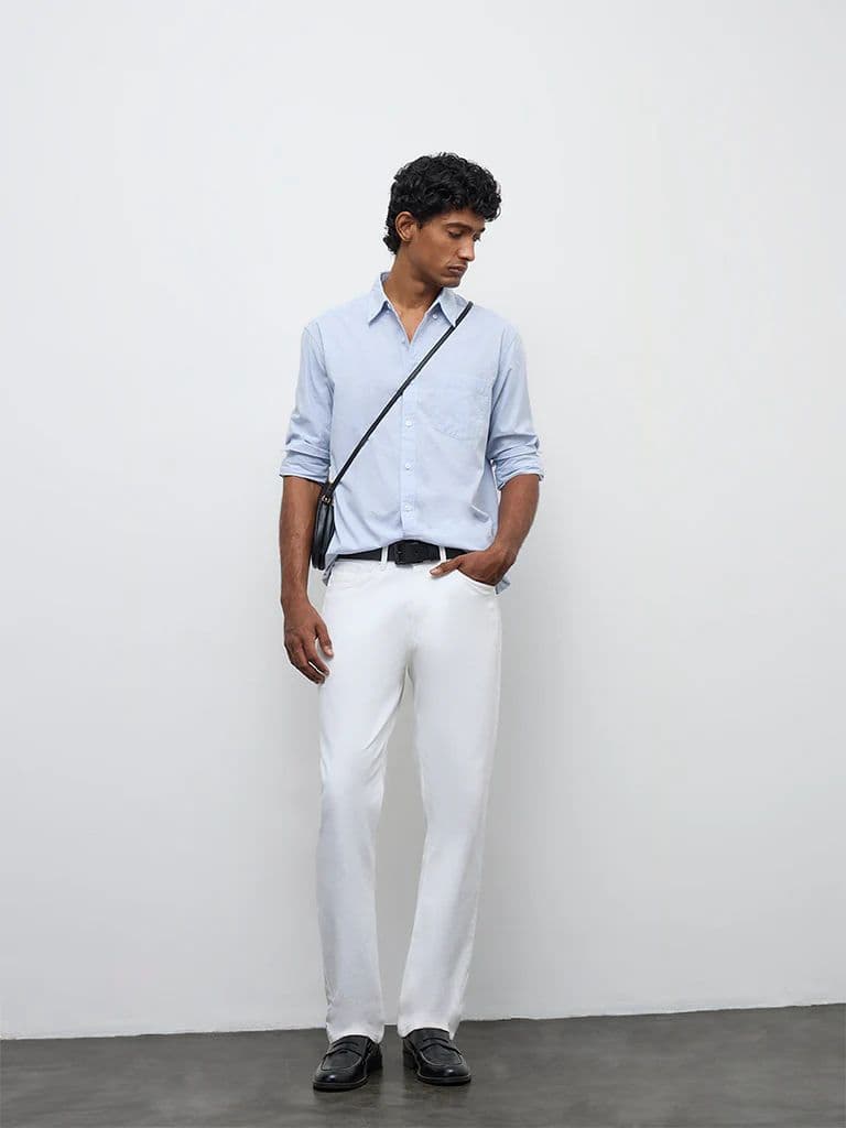 WES Casuals Light Blue Checkered Relaxed-Fit Cotton Shirt
