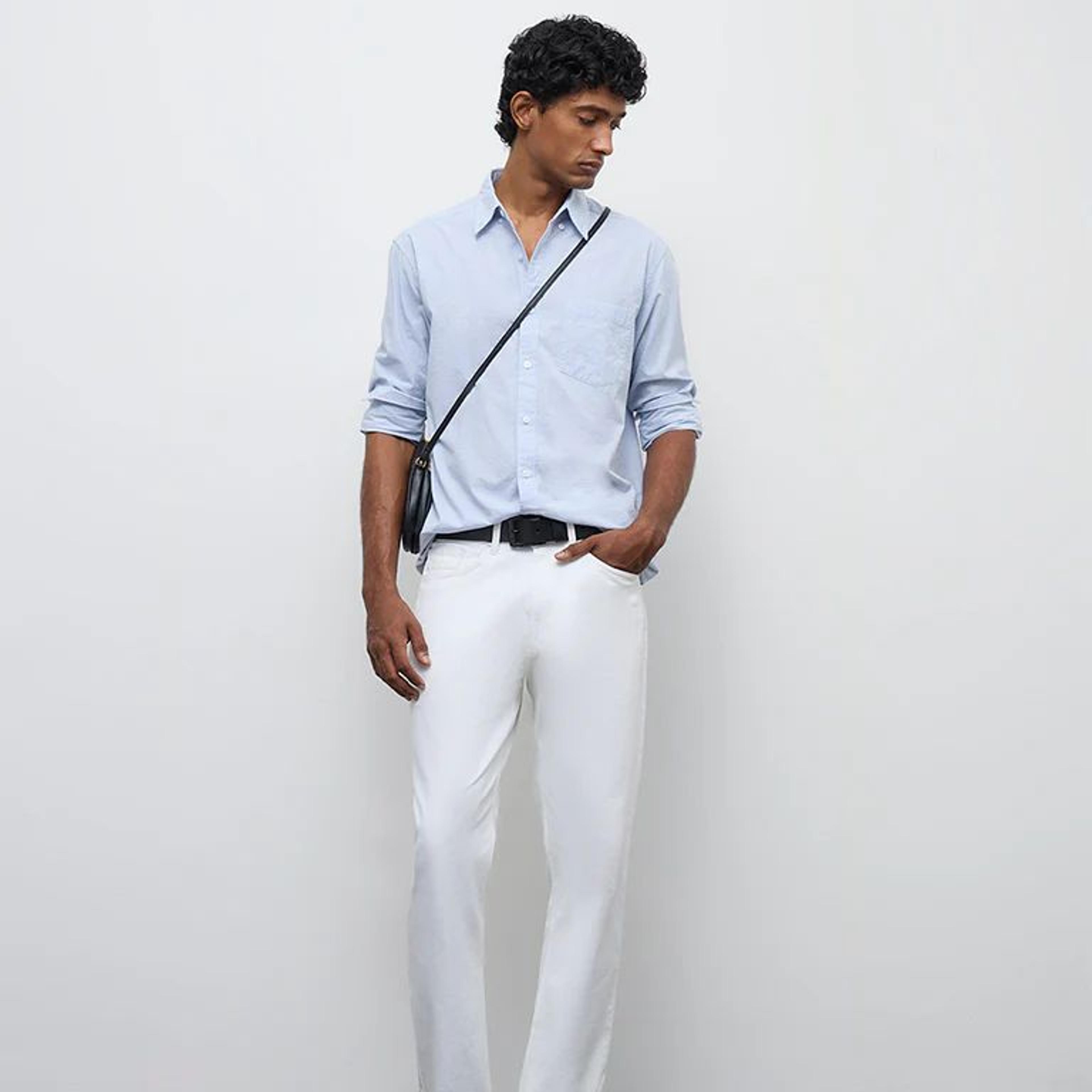 WES Casuals Light Blue Checkered Relaxed-Fit Cotton Shirt