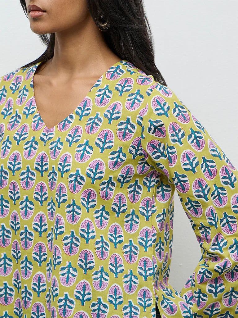 Utsa Lime Floral Printed Cotton Tunic — photo 3
