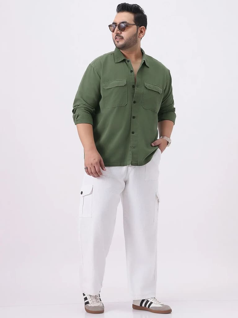 Plus Men's Green Cotton Full Sleeve Relaxed Fit Shacket with Utility Pockets — photo 4