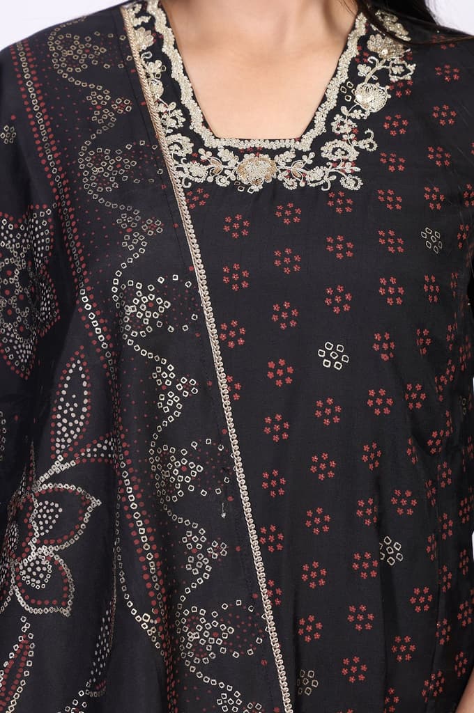 Black Embroidered A-Line Kurta with Straight Pant and Dupatta Set — photo 3