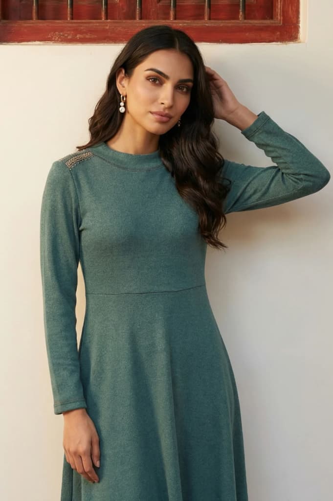 Teal Solid Beadwork Flared Winter Dress — photo 2