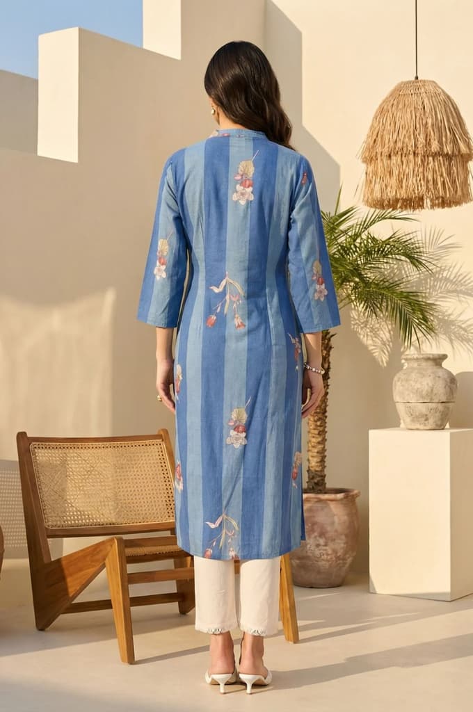 Blue Colour Block Floral Printed Pure Cotton Straight Kurta — photo 4