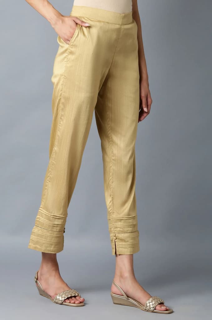 Gold Solid Straight Fit Ankle Length Mid Rise Trousers — photo 4