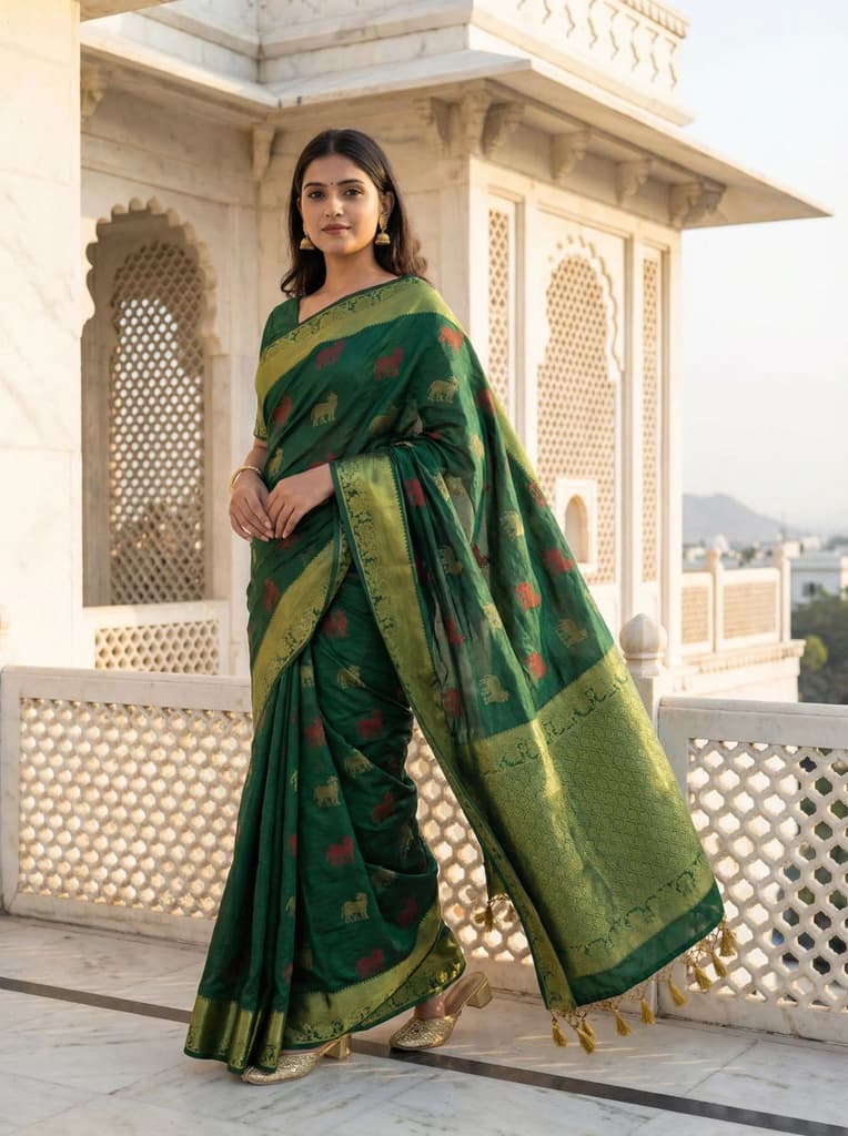 MIMOSA Women's Woven Design Banarasi Style Raw Silk Saree with Blouse Piece - Green ( SA00003136GRNFREE ) — photo 2