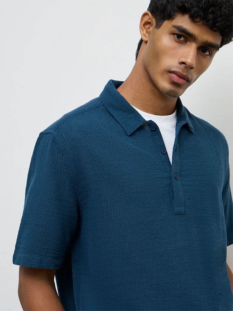 ETA Indigo Textured Relaxed-Fit Cotton Polo T-Shirt — photo 4