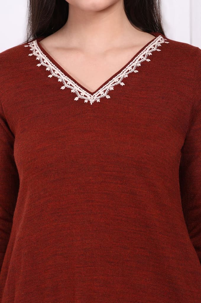 Rust Solid Thread Embroidered Acrylic Straight Tunic — photo 3
