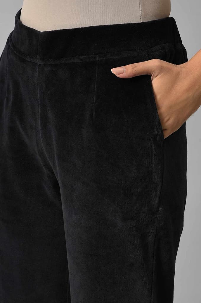Black Solid Straight Fit Cotton Trousers With Elasticated Waist — photo 8